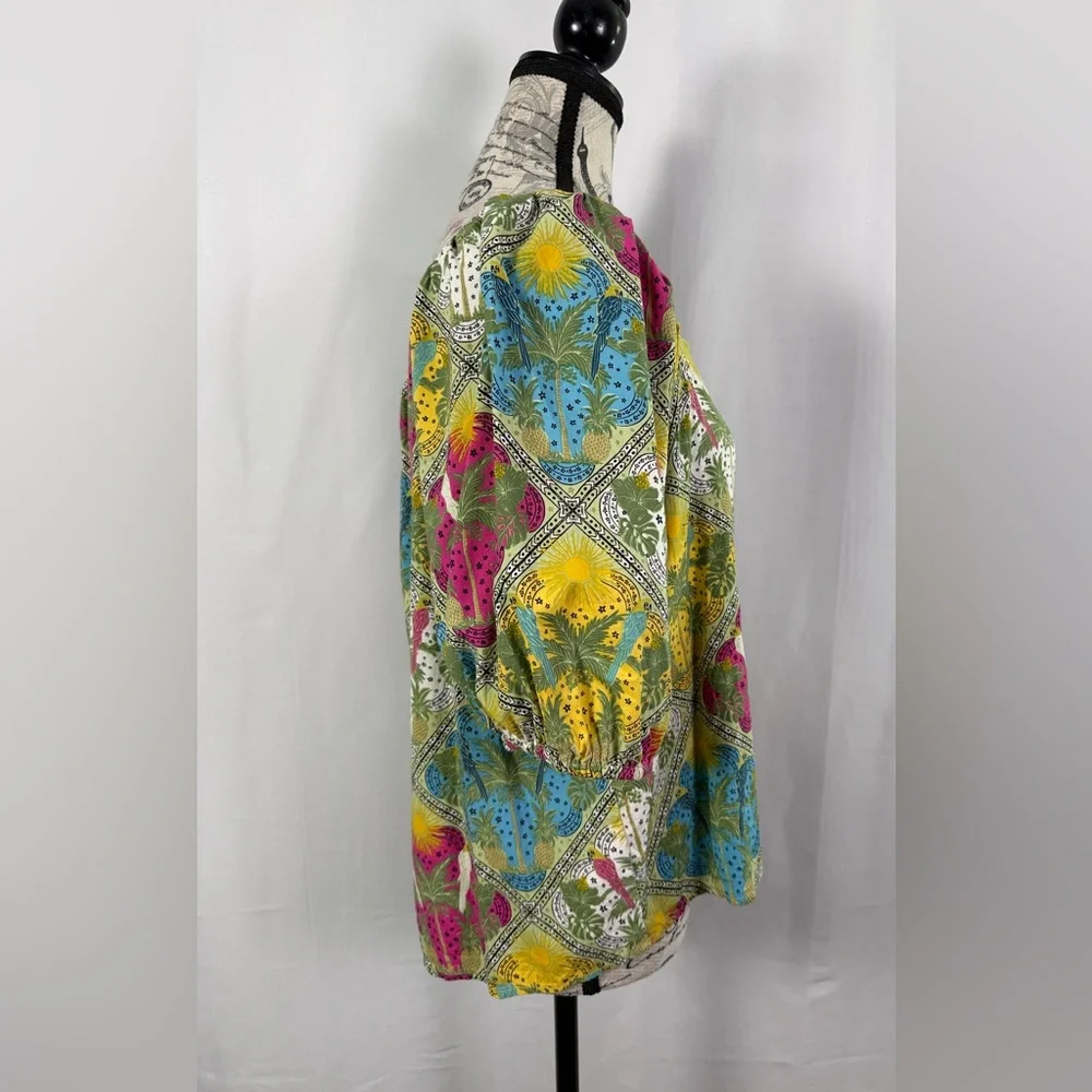 LOFT Tropical Floral Print Blouse Women’s M Boho Puff Sleeve Cotton Blend Top